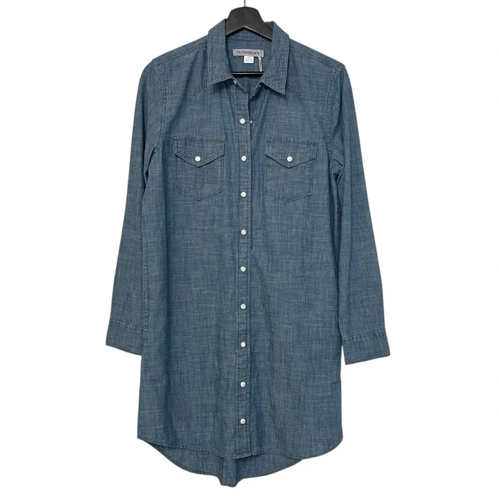 Outerknown Wyatt Long Sleeve Shirt Dress Chambray Denim Blue XS NWT Western Boho